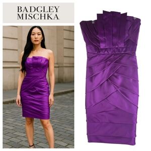 NEW Badgley Mischka Stapless Cocktail Dress Sz 8 Medium Purple 100% SILK Party